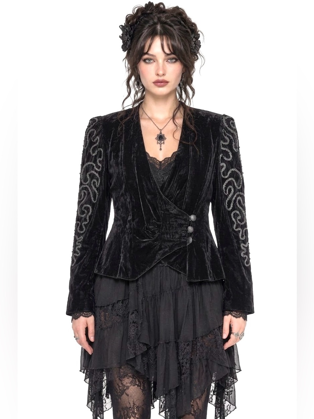 Vintage Whimsigoth Black Velvet Puff Sleeve Blazer Witchy Vampirecore Victorian